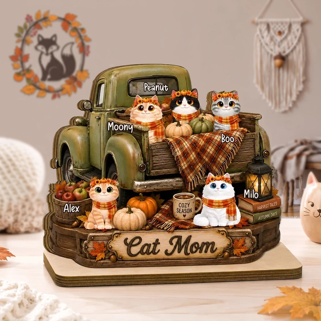 2-Layer Wooden Plaque, Personalized Cats by a Vintage Fall Truck, Heartfelt Creative Gift for Cat Lovers