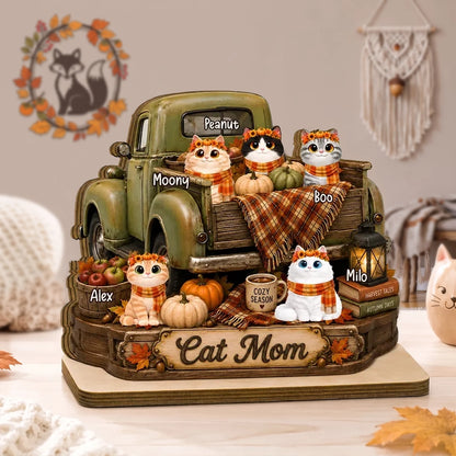 2-Layer Wooden Plaque, Personalized Cats by a Vintage Fall Truck, Heartfelt Creative Gift for Cat Lovers