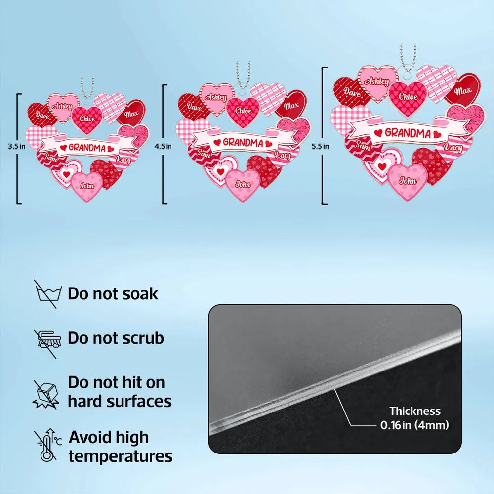 Grandma Sweethearts Acrylic Car Hanger, Personalized Heart Mirror Charm for Daily Smiles, Thoughtful Gift for Grandma