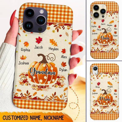 Personalized Fall Pumpkin Case for Grandma | Custom Phone Case with Kids' Names | Festive Autumn Gift for Mom