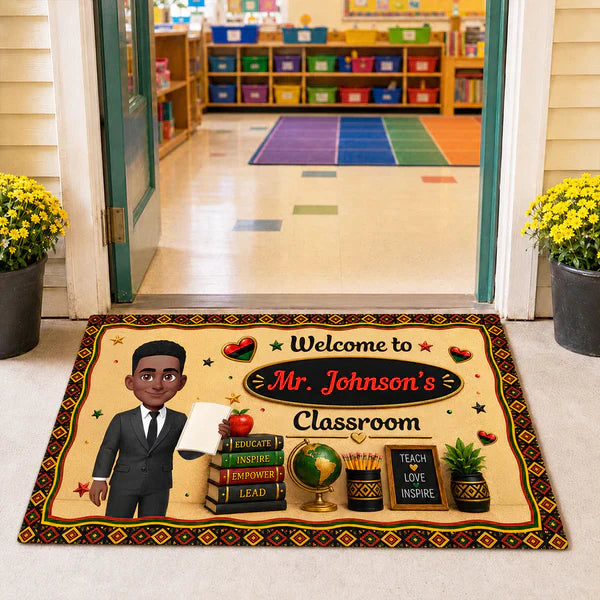 Personalized Teacher Doormat, Illustrated Teacher Holding A Book, Unique Classroom Gift For Educator