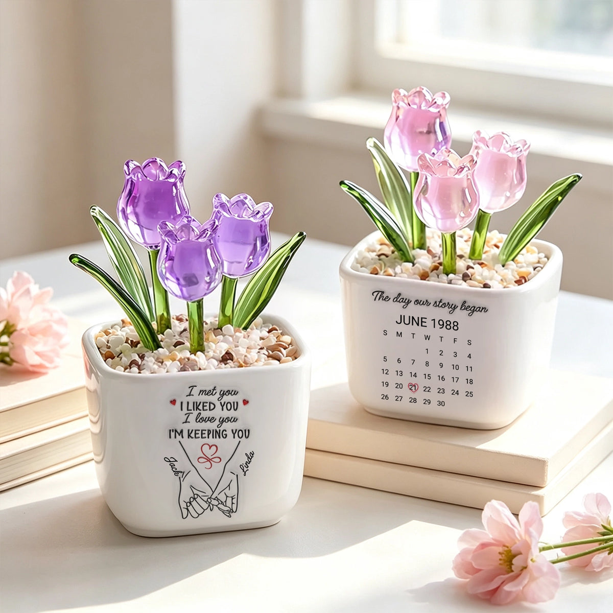 Personalized Square Glass Planter with Pastel Tulips & Holding Hands Art, Unique Creative Gift for Couple