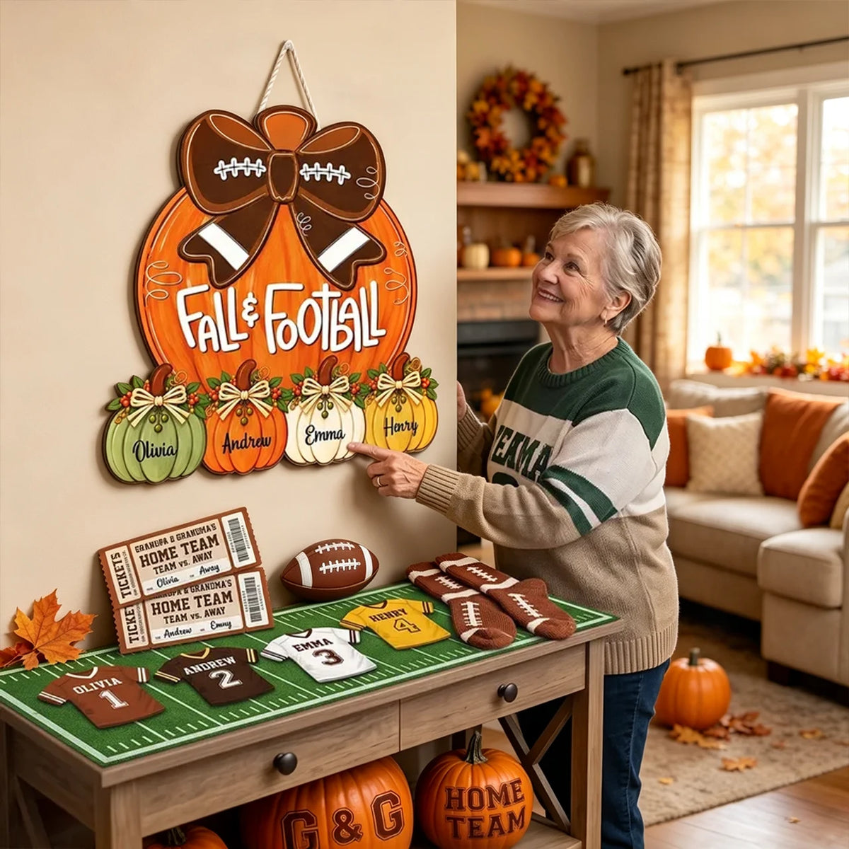 Personalized Wooden Sign with Fall Pumpkins and Football Bow, Unique Family Gift for Football Fans