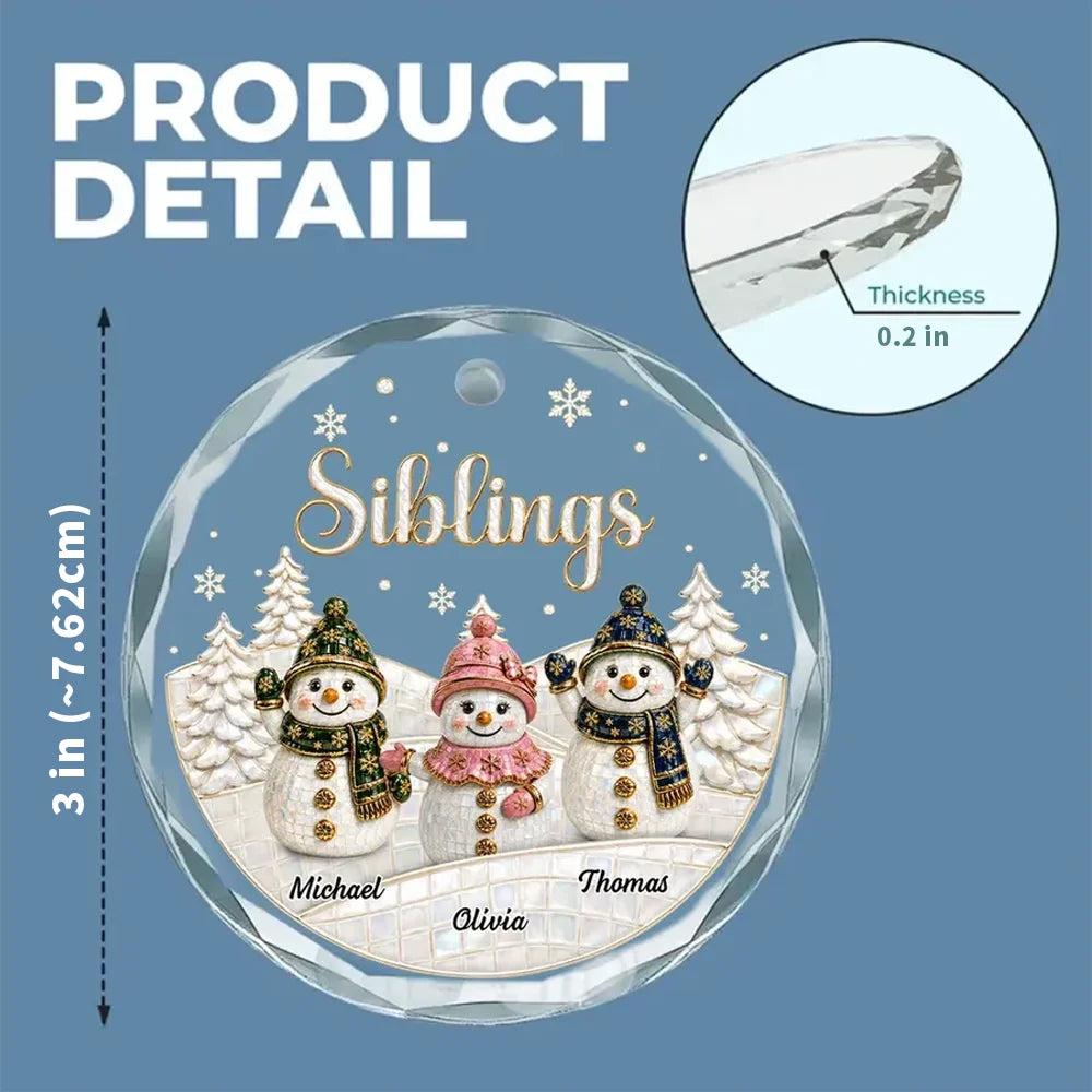 Personalized Crystal Ornament, Snowman Siblings in a Snowy Forest, Unique Christmas Gift for Family