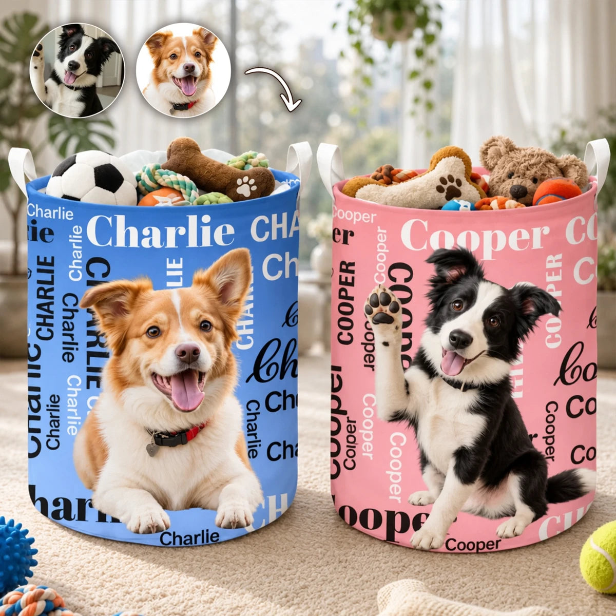 Personalized Round Waterproof Storage Basket, Waving Dog Portrait Organizer, Unique Gift for Pet Owners