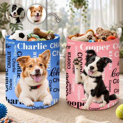 Personalized Round Waterproof Storage Basket, Waving Dog Portrait Organizer, Unique Gift for Pet Owners