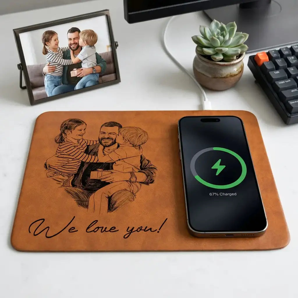 Personalized Lightning Leather Charging Mat, Hugging Dad & Kids Line Art Unique Gift For Dad