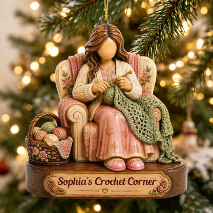 Personalized Acrylic Ornament with Woman Crocheting, Unique Christmas Gift for Yarn Lovers