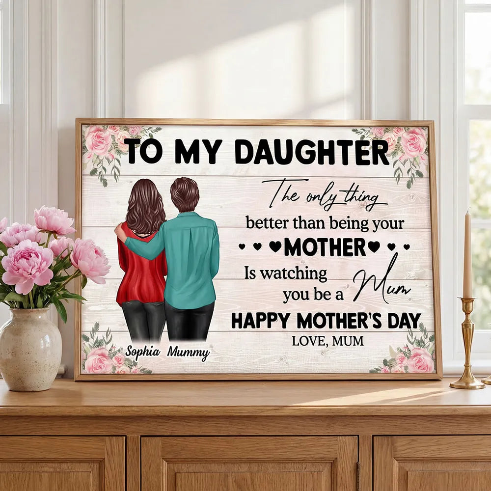 Personalized Mother's Day Message Poster with Mom and Daughter Hugging Illustration, Floral Wall Art, Unique Gift for Daughter
