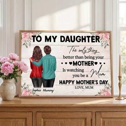 Personalized Mother's Day Message Poster with Mom and Daughter Hugging Illustration, Floral Wall Art, Unique Gift for Daughter