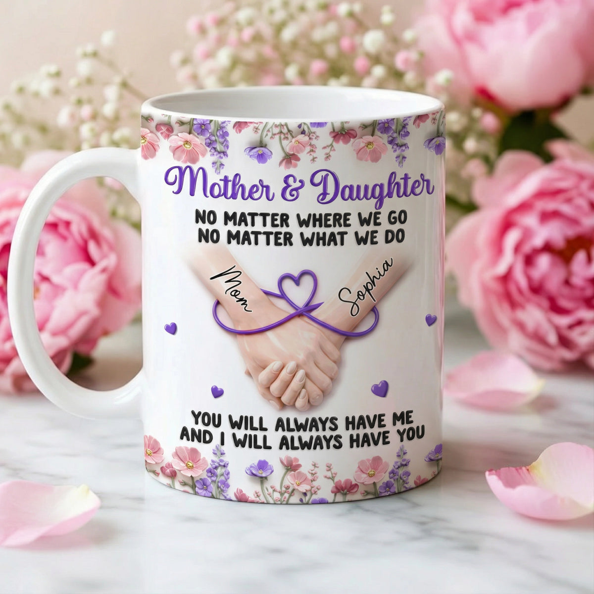 Mother & Daughter Ceramic Mug, Personalized Name Style Keepsake, Purple Floral Holding Hands Art, Thoughtful Gift for Daughter