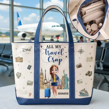 All My Travel Crap Oxford Cloth Tote Bag, Personalized Landmark Design, Creative Gift for Travelers