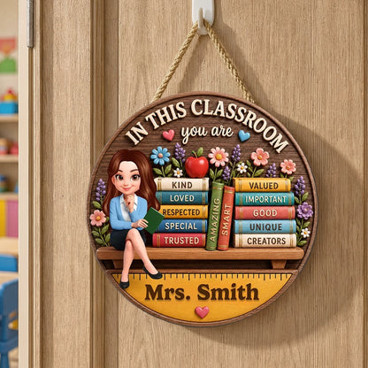 Personalized Wooden Sign for Teacher, Classroom Door Decor with Cartoon Teacher & Books, Unique Gift
