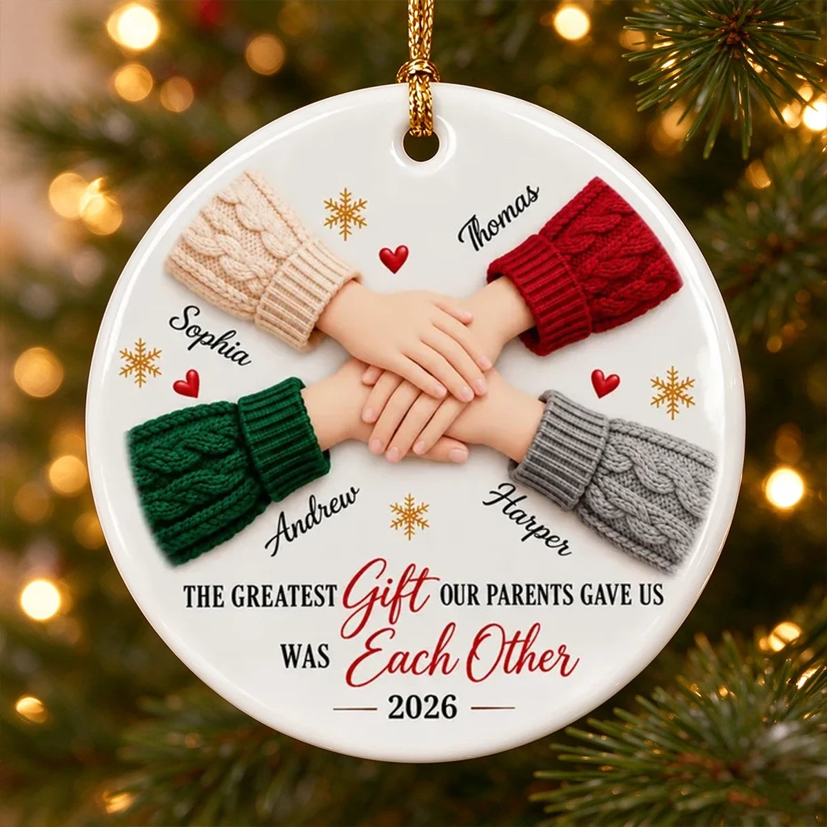 Personalized Ceramic Ornament, Sibling Bond Keepsake with Stacked Hands, Creative Holiday Gift for Family