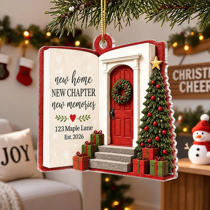 Personalized Acrylic Ornament, Red Door and Christmas Tree New Home Scene, Unique Housewarming Gift for Family