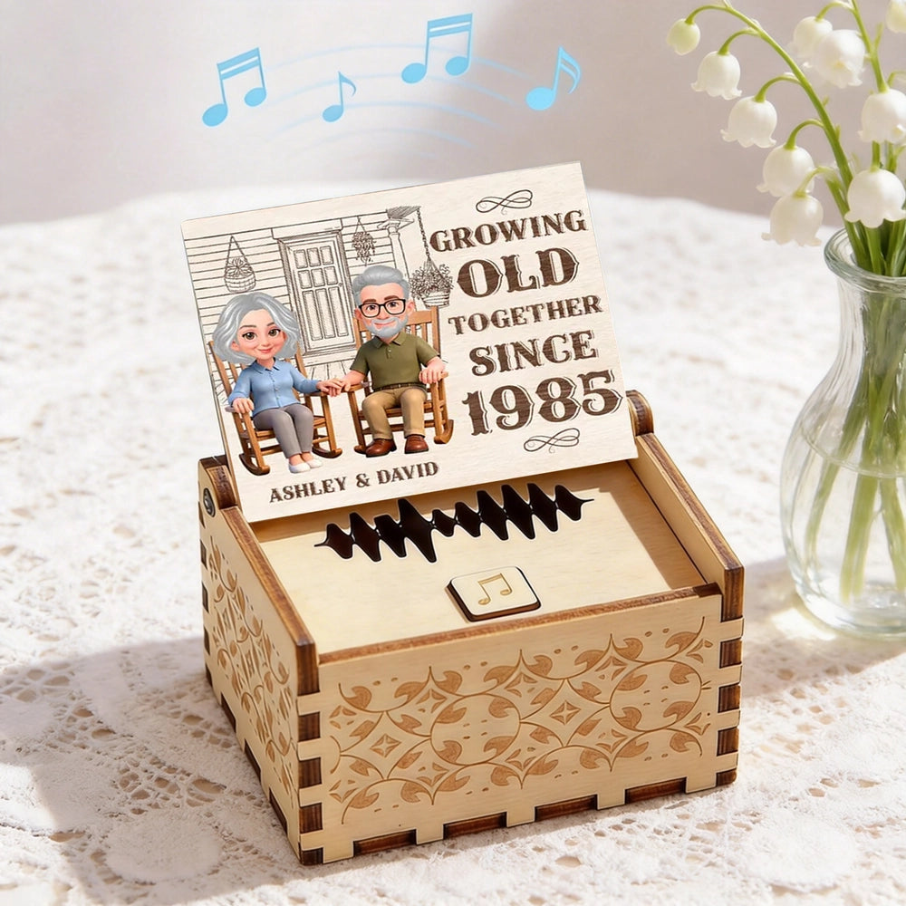 Personalized Wooden Music Box, Growing Old Together Couple Design, Sweet Anniversary Gift for Husband or Wife