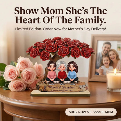 Personalized 2-Layer Wooden Plaque Rose Tree Mom and Daughters Cute Cartoon Keepsake, Unique Gift for Mom