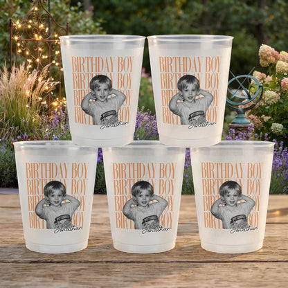 Frosted Plastic Cup for Birthday, Custom Photo Design with Warm Orange Text, Creative Gift for Parties