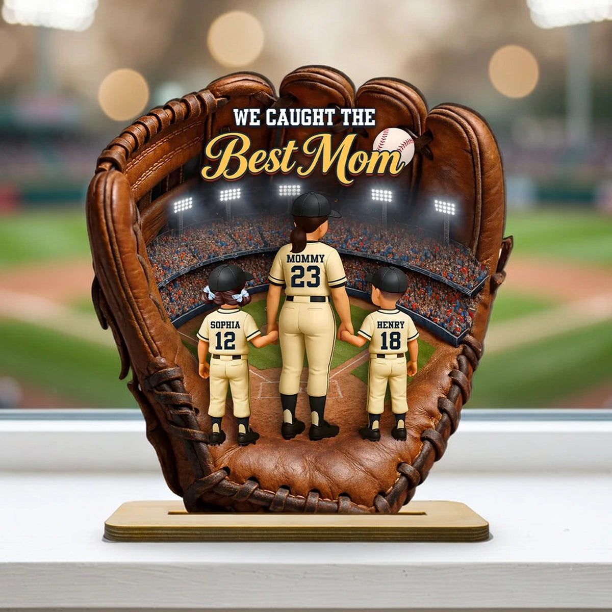 We Caught The Best Mom Personalized 2-Layer Wooden Plaque Warm Baseball Stadium Moment Heartfelt Gift for Mom