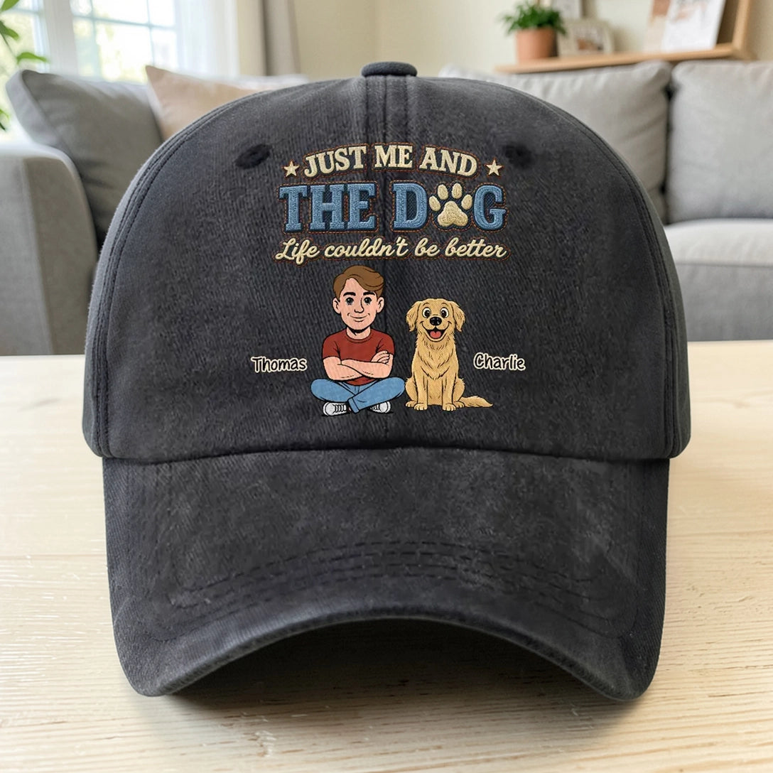 Just Me And The Dog Washed Denim Baseball Cap, Vintage Custom Creative Gift for Pet Owners