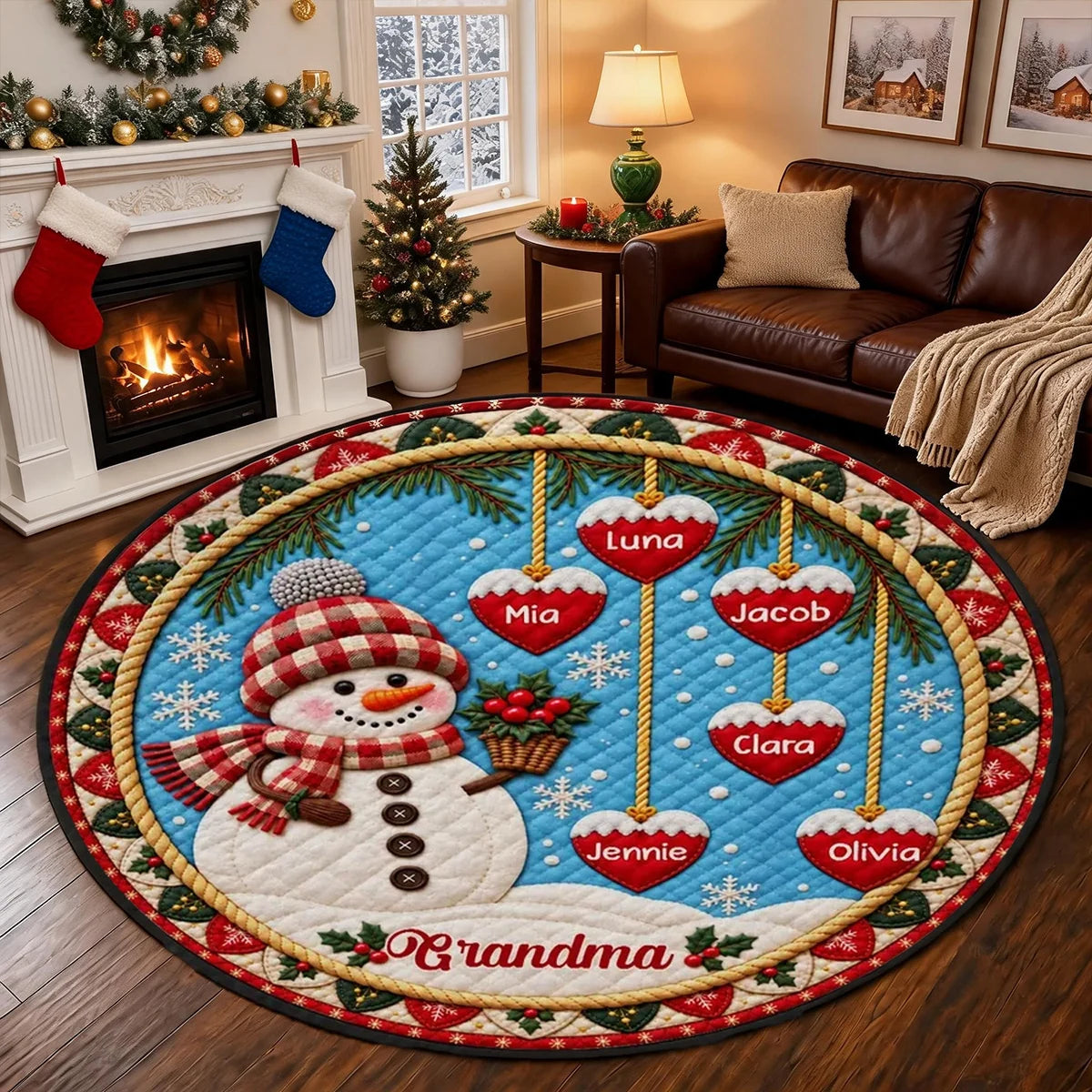 Personalized Christmas Snowman Round Quilted Mat, Red and Blue Snowy Scene, Unique Gift for Grandma