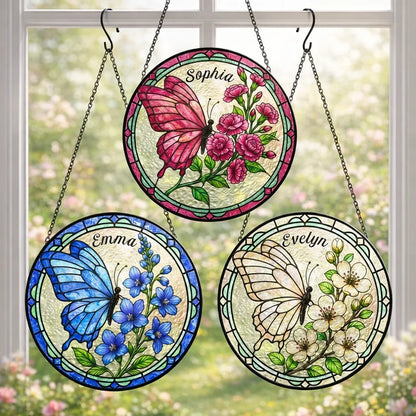 Personalized Glass Suncatcher Ornament, Butterfly & Birth Flower Window Decor, Unique Gift for Mom or Friend
