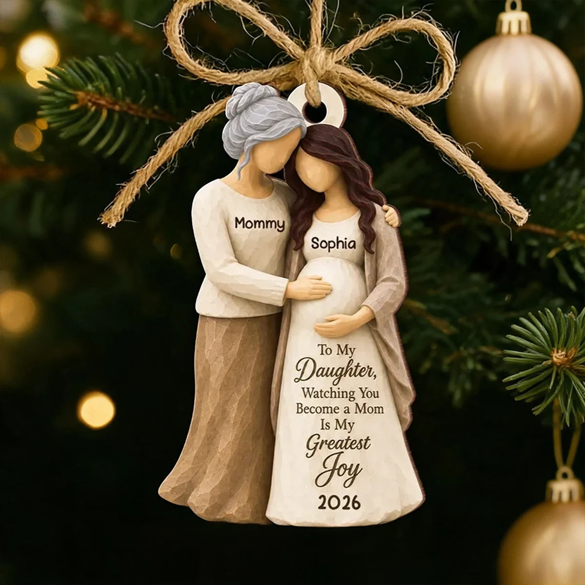 Personalized Wooden Ornament, Mother Hugging Pregnant Daughter, Unique Christmas Gift for Mom-to-Be