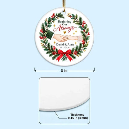 Personalized Ceramic Ornament with Couple Holding Hands and Christmas Wreath, Unique Gift for Couples
