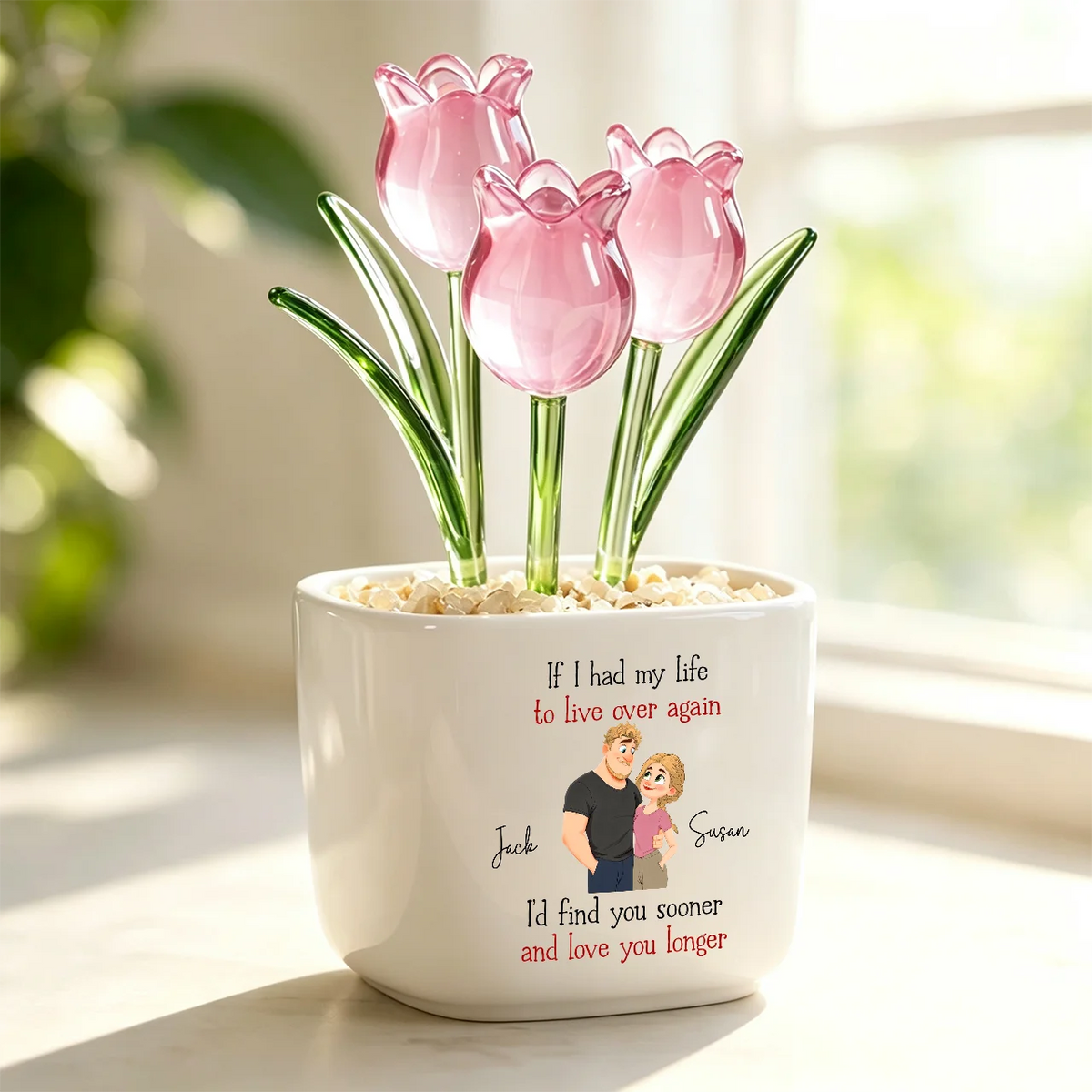 Love You Longer Square Glass Planter, Personalized Embracing Couple Keepsake, Creative Gift for Couples