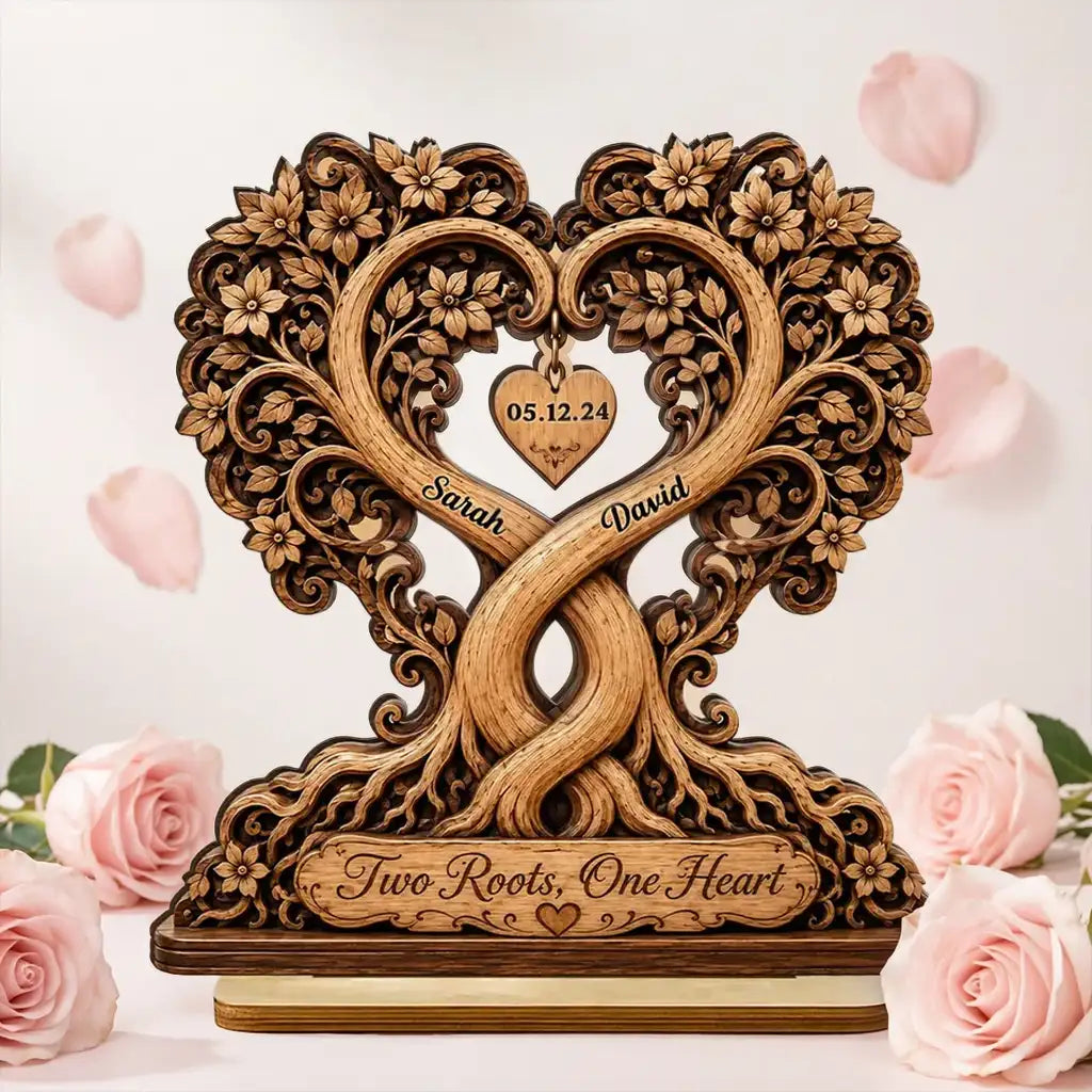 Personalized 2-Layer Wooden Plaque, Two Roots One Heart Couple Keepsake, Unique Gift for Partners