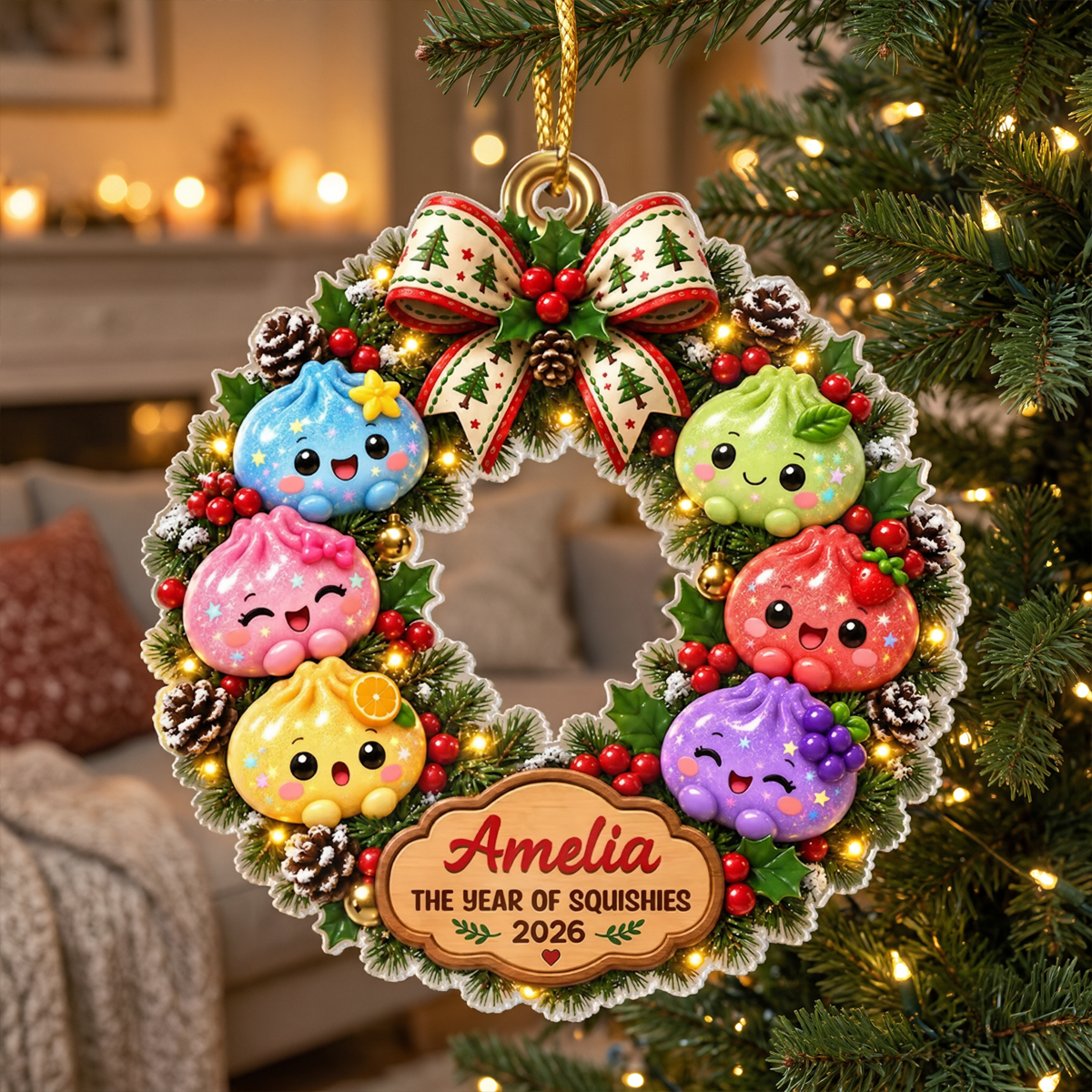 Acrylic Ornament with Colorful Dumpling Wreath, Personalized Christmas Keepsake, Creative Gift for Family