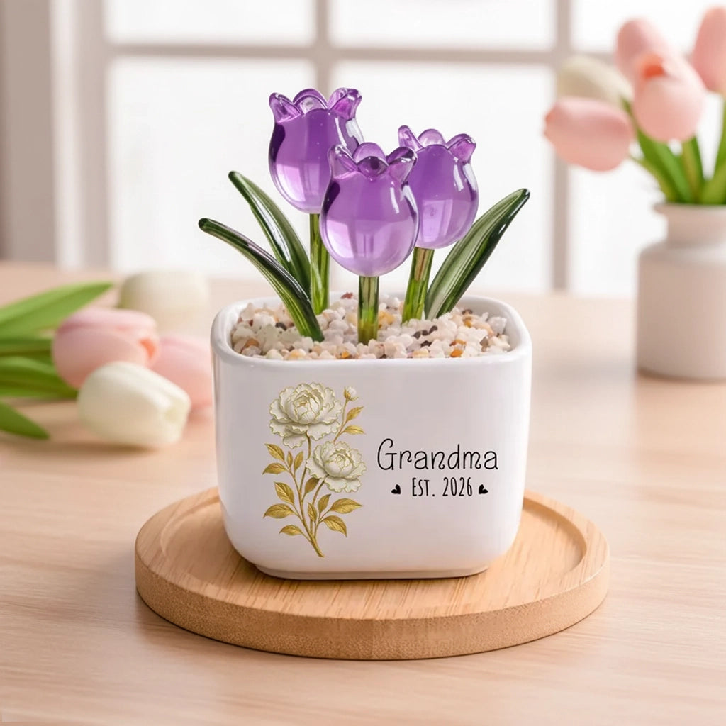 Personalized Square Glass Planter with Purple Tulips, Unique Creative Gift for Grandma, Floral Keepsake