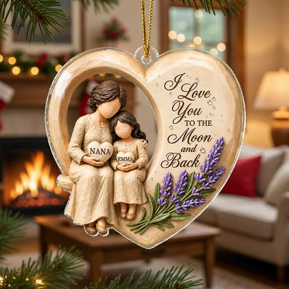 Personalized Acrylic Ornament, Grandma Hugging Granddaughter, Moon and Back Quote, Unique Christmas Gift