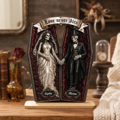Personalized 2-Layer Wooden Plaque, Skeleton Couple Coffin Halloween Decor, Unique Gift for Couples