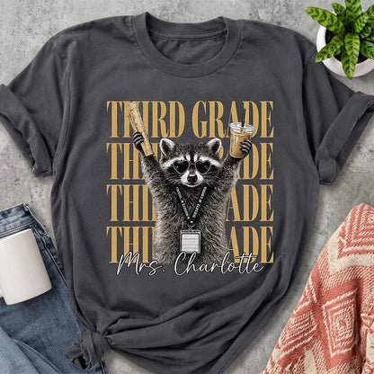 Classic Tee, Retro Raccoon Holding Ruler & Iced Coffee, Creative Gift for Teachers