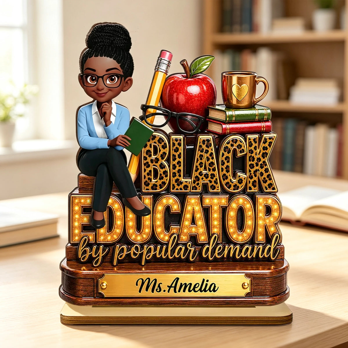 2-Layer Wooden Plaque, Black Educator Sitting Teacher Classroom Art, Unique Gift for Teacher