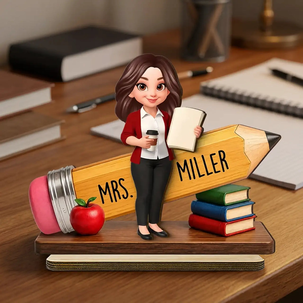 Personalized 2-Layer Wooden Plaque, Standing Teacher Pencil Design, Unique Gift for Classroom Desk