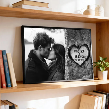 Personalized Couple Kissing Poster with Heart Carved Tree Design Romantic Wall Art, Unique Creative Gift for Him or Her