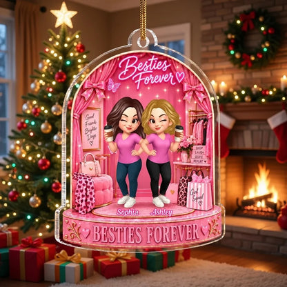 Personalized Besties Forever Acrylic Ornament, Linked Friends in a Pink Boutique, Creative Friendship Gift