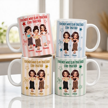 Personalized White Ceramic Mug, Pastel Cartoon Best Friends Holding Drinks, Unique Creative Gift