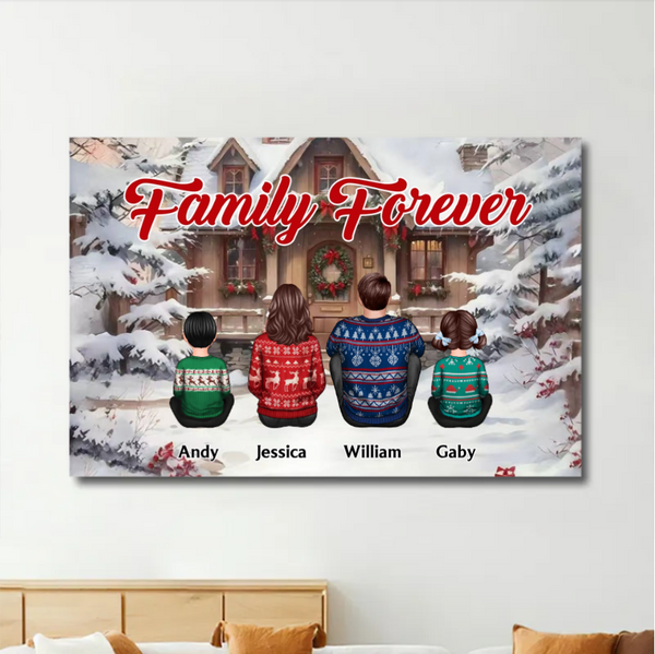 Snow House Back View Family Sitting Personalized Poster or Ornament or Plaque or Keychain