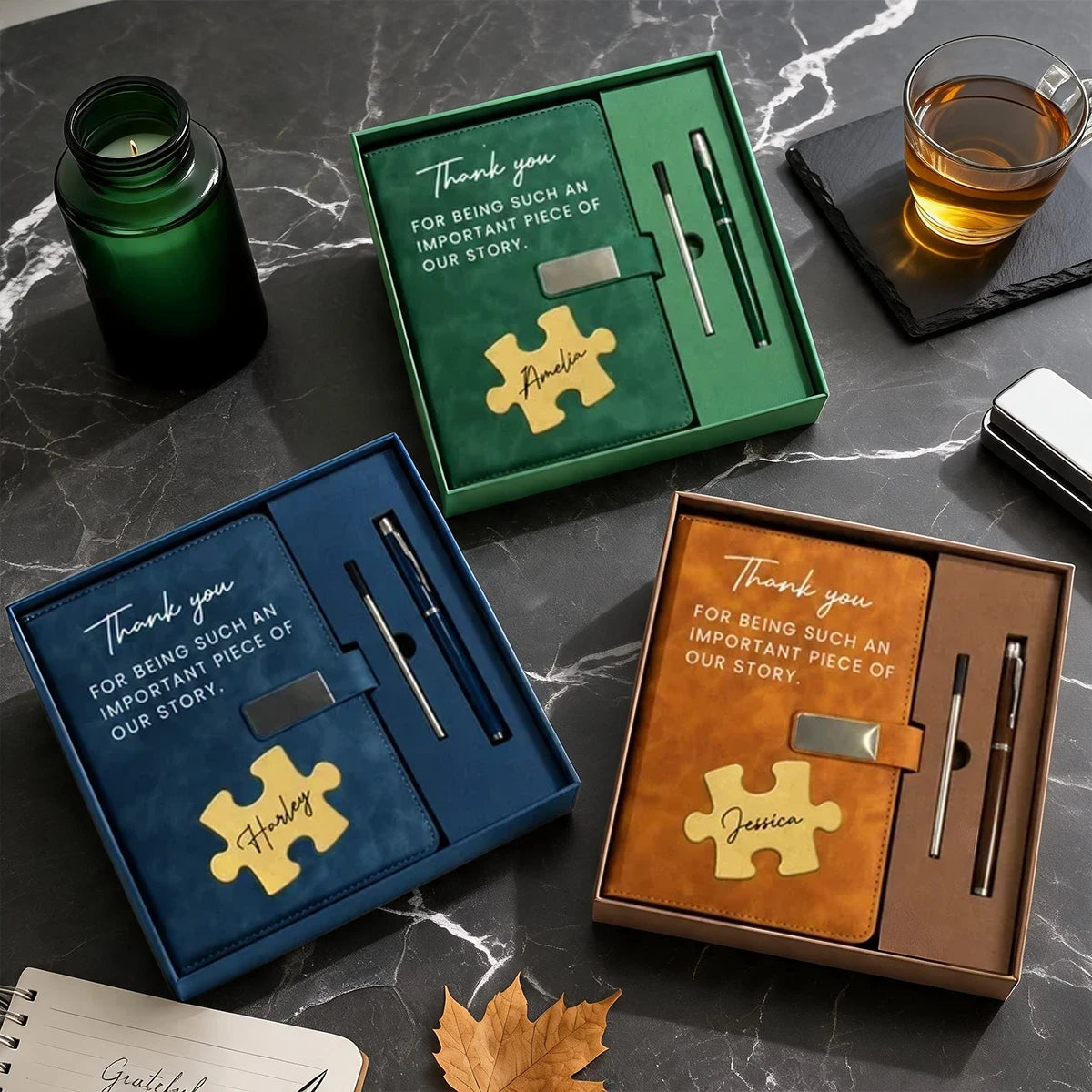 Personalized Metal Buckle Notebook Set with Thank You Quote, Styled for a Sunlit Office, Unique Creative Gift for Coworkers