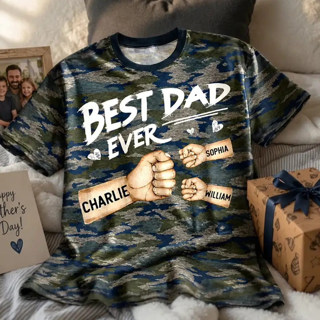 Personalized Best Dad Ever Printed Classic Tee, Camo Fist Bump Unique Father's Day Gift For Dad