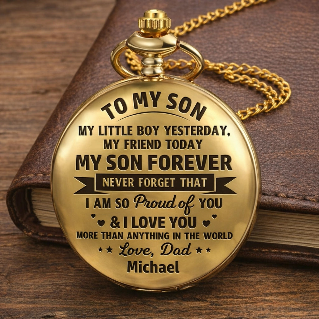 Personalized Pocket Watch for Son, Vintage Gold Keepsake, Unique Gift from Dad