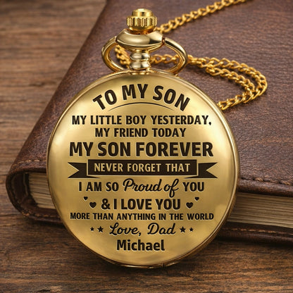 Personalized Pocket Watch for Son, Vintage Gold Keepsake, Unique Gift from Dad