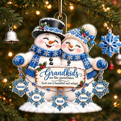 Personalized Acrylic Ornament, Grandma and Grandpa Snowmen with Grandkid Snowflakes, Unique Christmas Gift