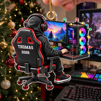 Personalized Acrylic Ornament, Seated Gamer at RGB Setup, Unique Creative Christmas Gift for Gamers