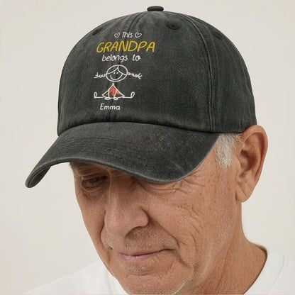 Personalized Washed Denim Baseball Cap for Grandpa, This Grandpa Belongs To Us, Unique Gift