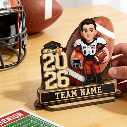 Custom Class Football Player 2-Layer Wooden Plaque, Warm Sports Memory Desk Decor, Thoughtful Gift for Graduates