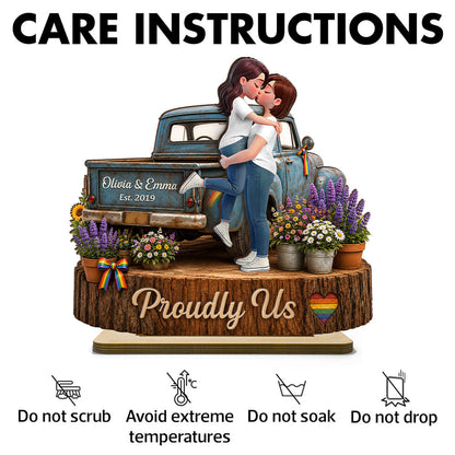 Personalized LGBT Couple 2-Layer Wooden Plaque, Kissing Pickup Truck Art, Proudly Us Creative Gift